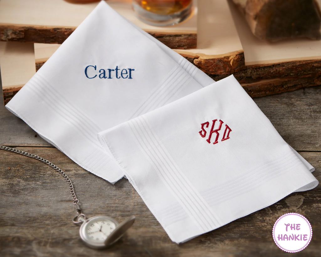 Personalised white cotton handkerchief with custom embroidered name or initials, neatly stitched edges, classic and elegant design, made in the USA
