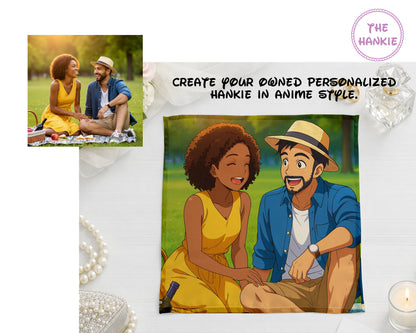Display of a custom anime-style handkerchief with text overlay explaining personalized gift options.