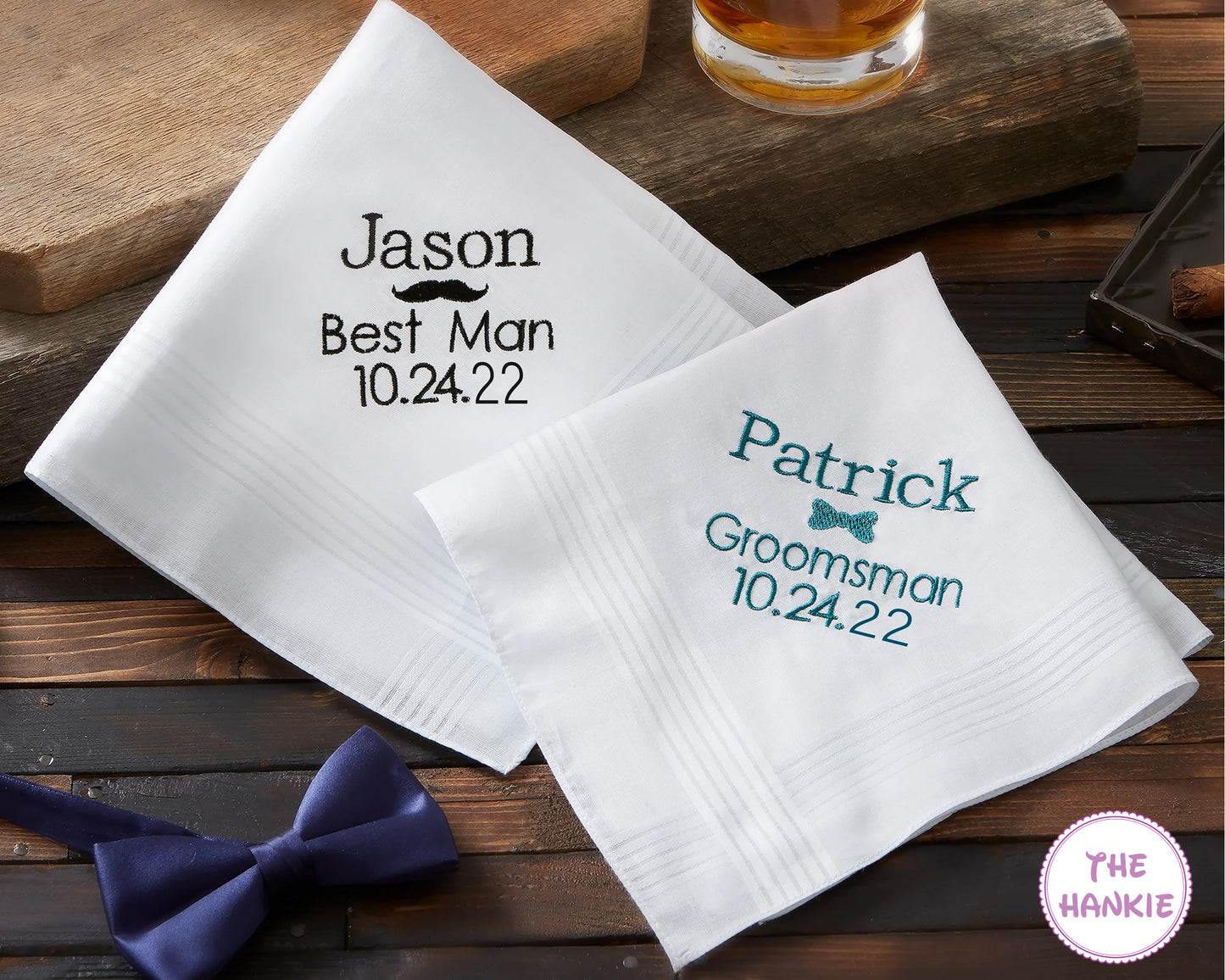 Personalized wedding handkerchiefs for best man and groomsman with embroidered names and wedding date
