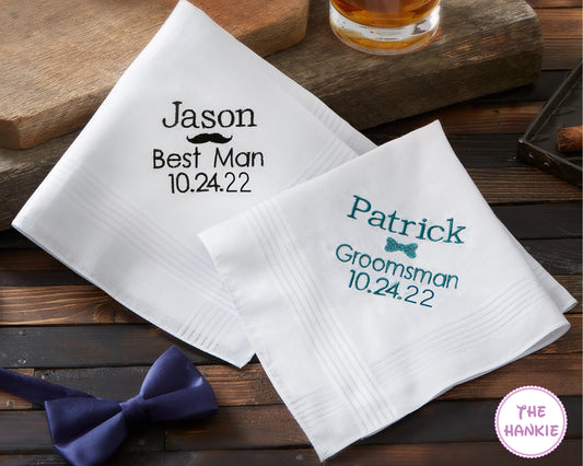 Personalized wedding handkerchiefs for best man and groomsman with embroidered names and wedding date