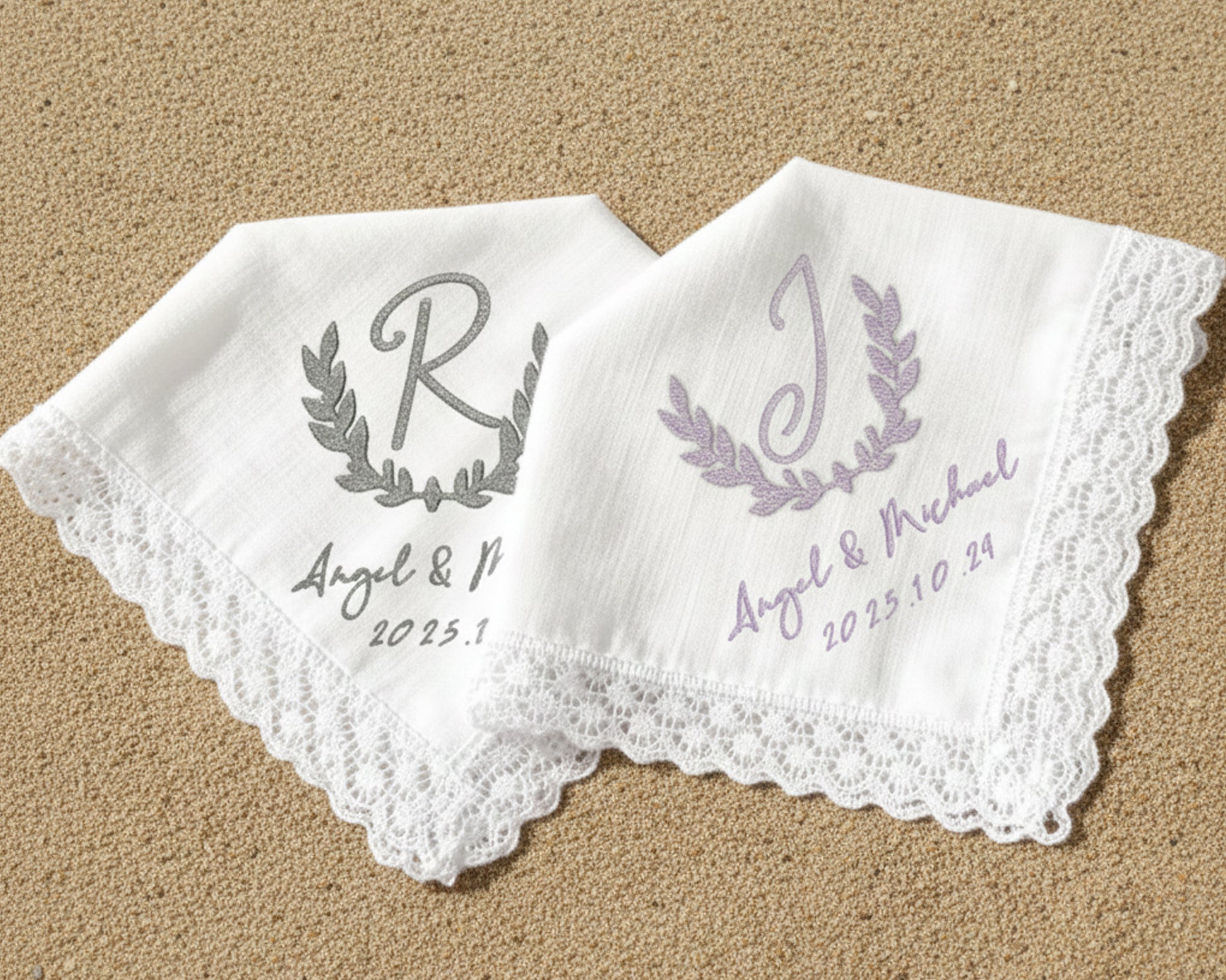 White bridal handkerchief with blue 'Bride' script, floral embroidery, and a decorative scalloped lace edge