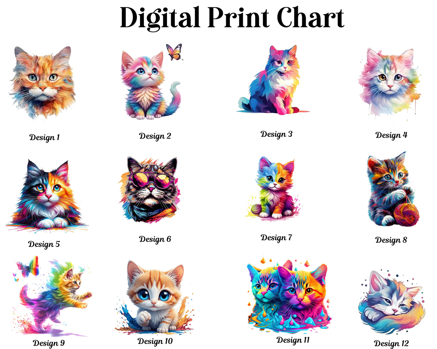 A digital print chart featuring 12 vibrant, multi-colored artistic cat and kitten designs, ranging from "Cool Cats" with sunglasses to whimsical rainbow kittens.