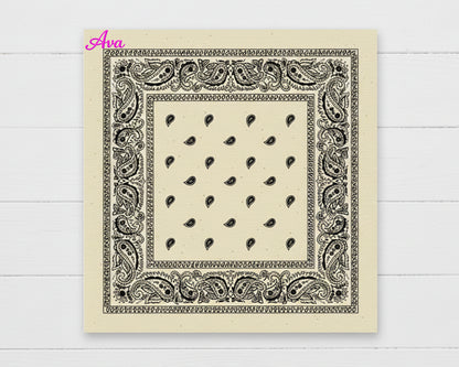 A cream-colored cotton paisley bandana with the name "Ava" personalized in a vibrant pink chain stitch script in the corner.