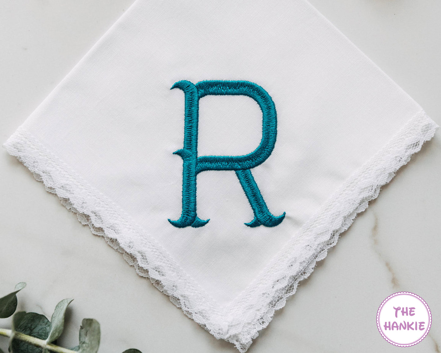 Personalized initial R embroidered wedding handkerchief with lace edging