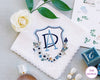 Personalized wedding handkerchief with blue embroidered initials and floral design