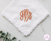Personalized white lace wedding handkerchief with copper embroidered monogram initials