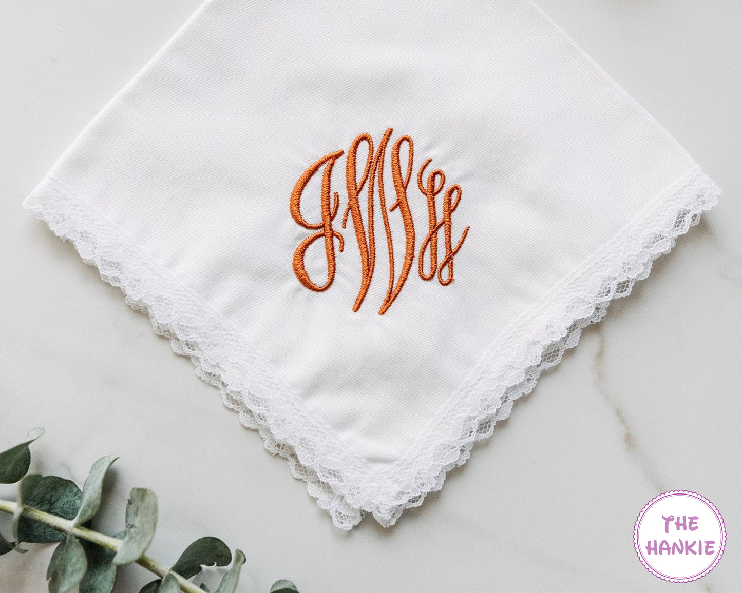 Personalized white lace wedding handkerchief with copper embroidered monogram initials