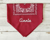 Four folded bandanas in red, cream, black, and light blue showcasing different custom name embroidery styles