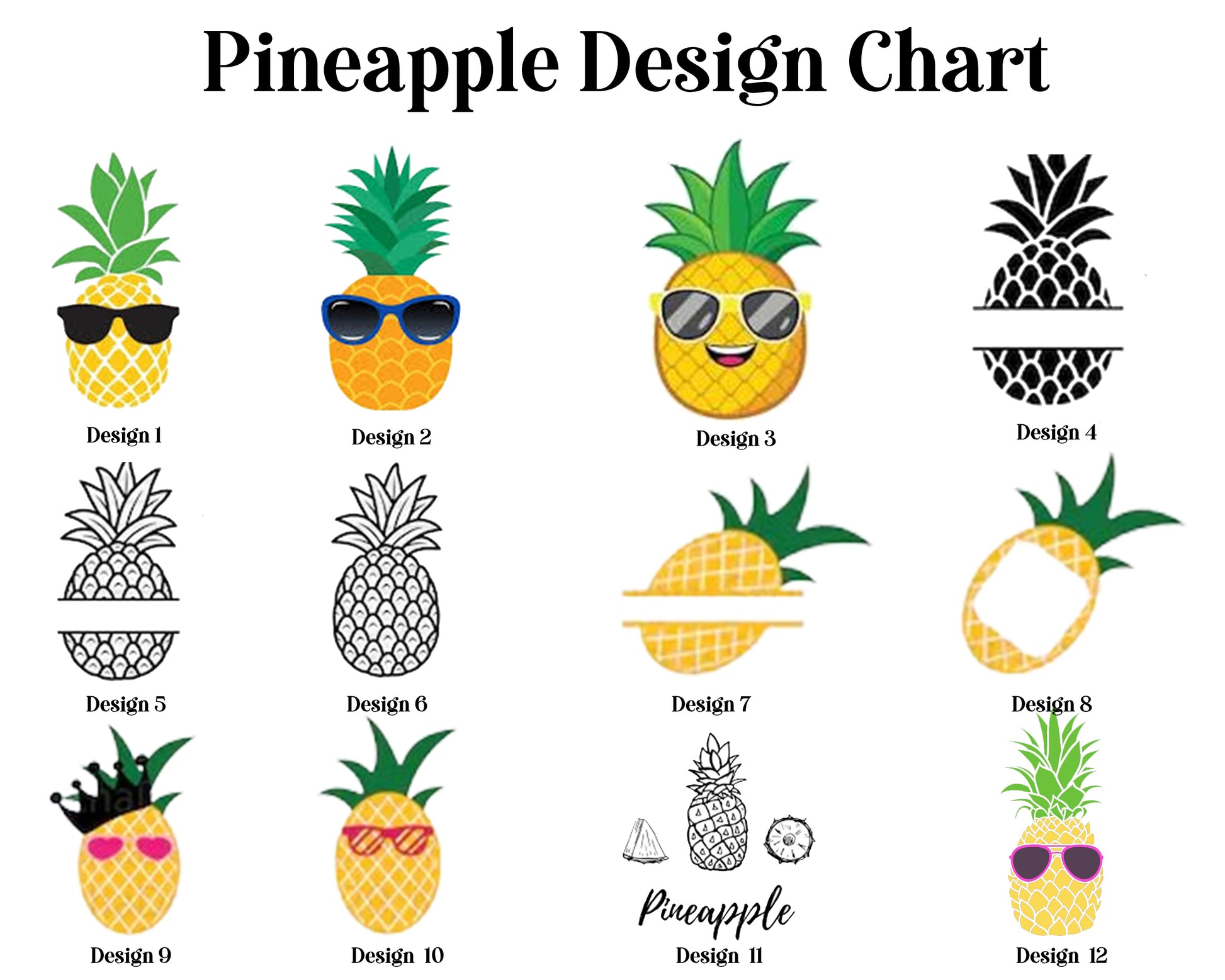 A design chart featuring 12 diverse pineapple embroidery options, including sunglasses-wearing pineapples, split monograms, and minimalist line art.