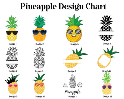 A comprehensive design chart featuring 12 unique pineapple embroidery motifs for luxury satin handkerchiefs, including sunglasses-wearing pineapples and split monograms.