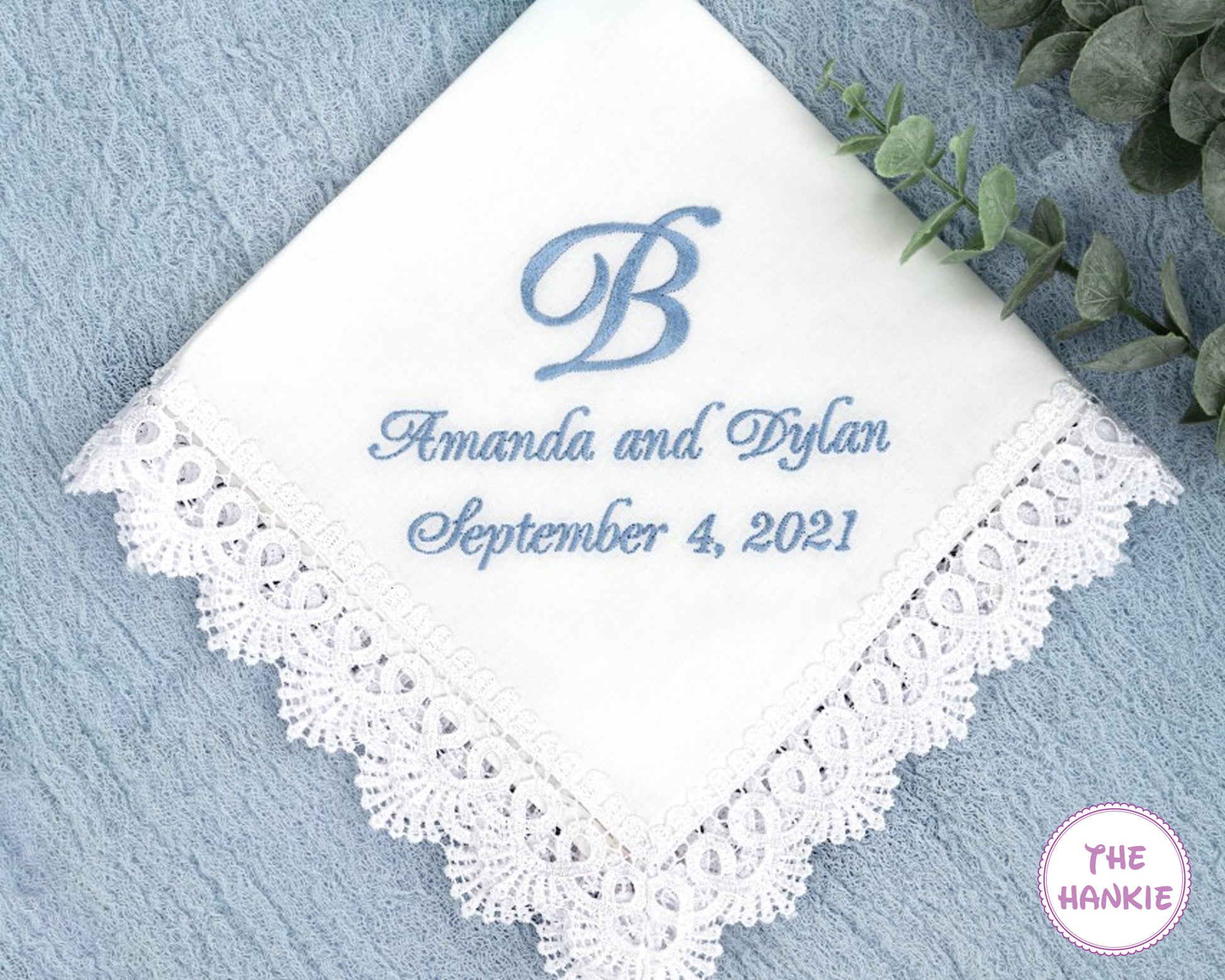 Personalized satin wedding handkerchief with lace edge and custom embroidered monogram