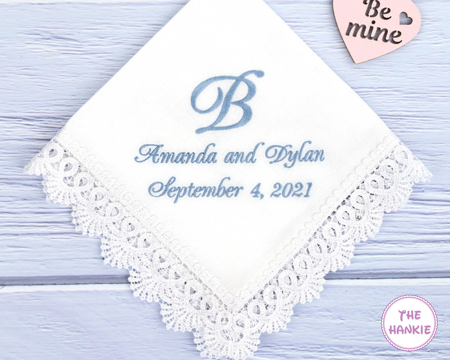 Personalized wedding handkerchief embroidered with couple names and wedding date