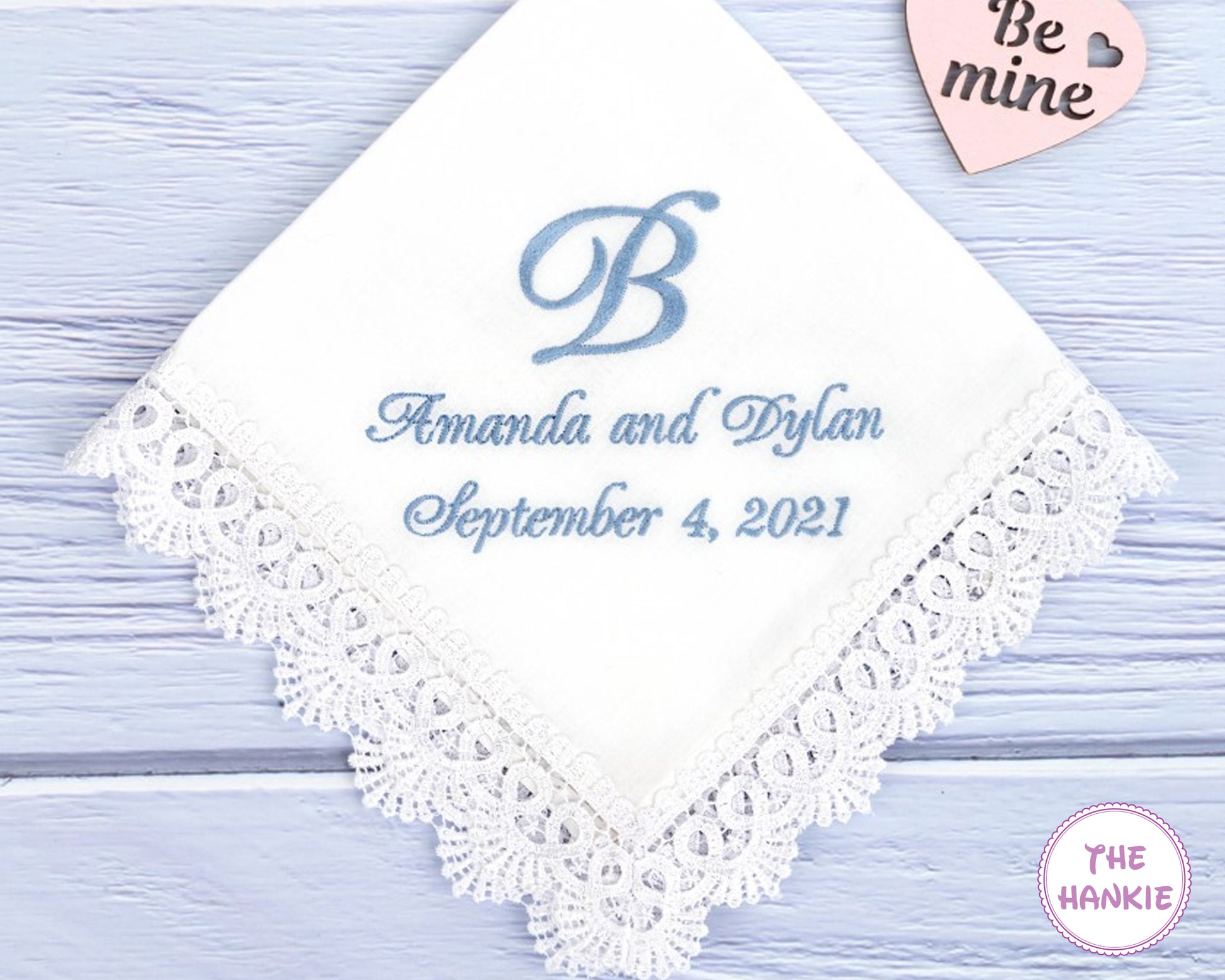 Personalized wedding handkerchief embroidered with couple names and wedding date