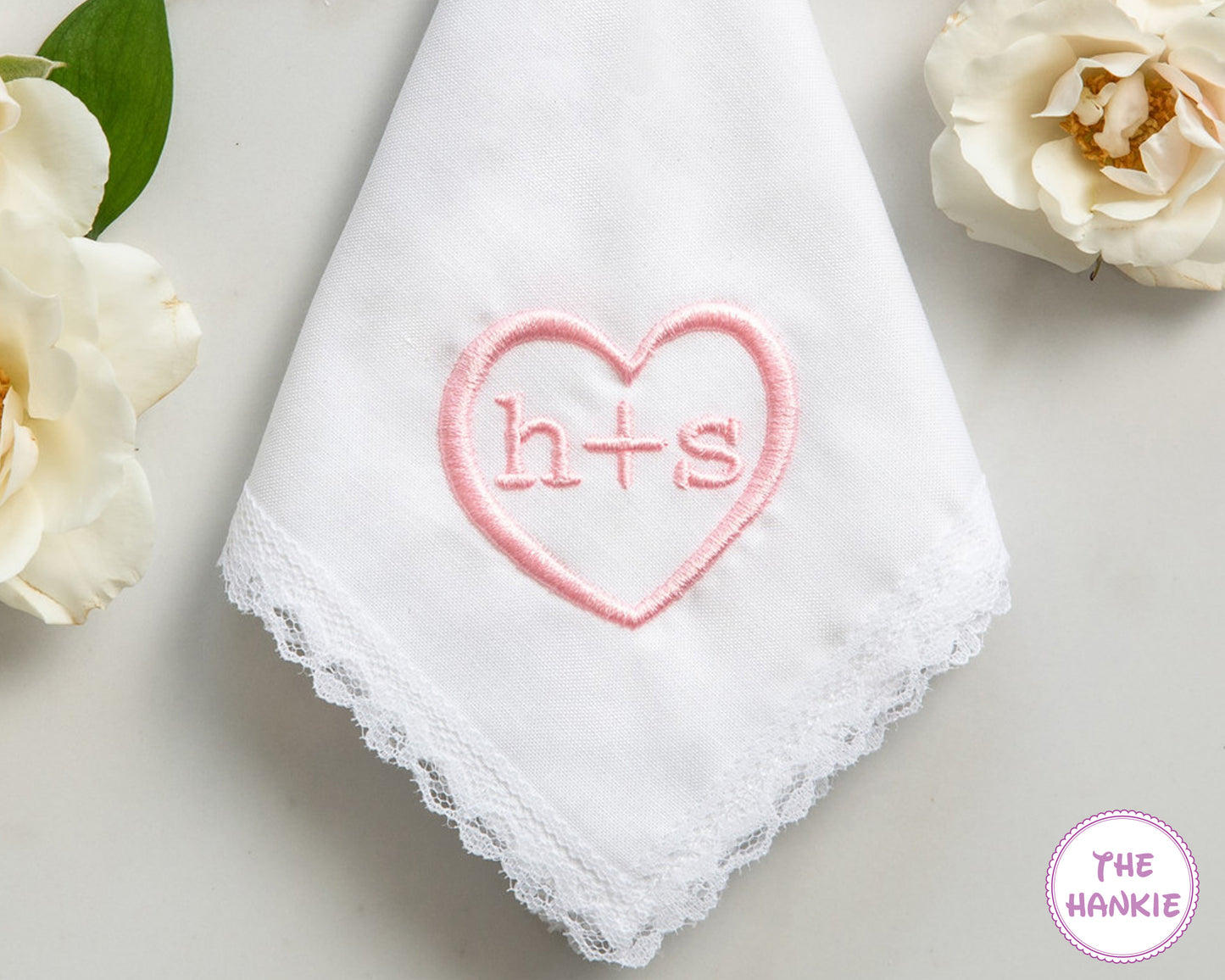 Personalized wedding handkerchief with pink embroidered heart and couple initials