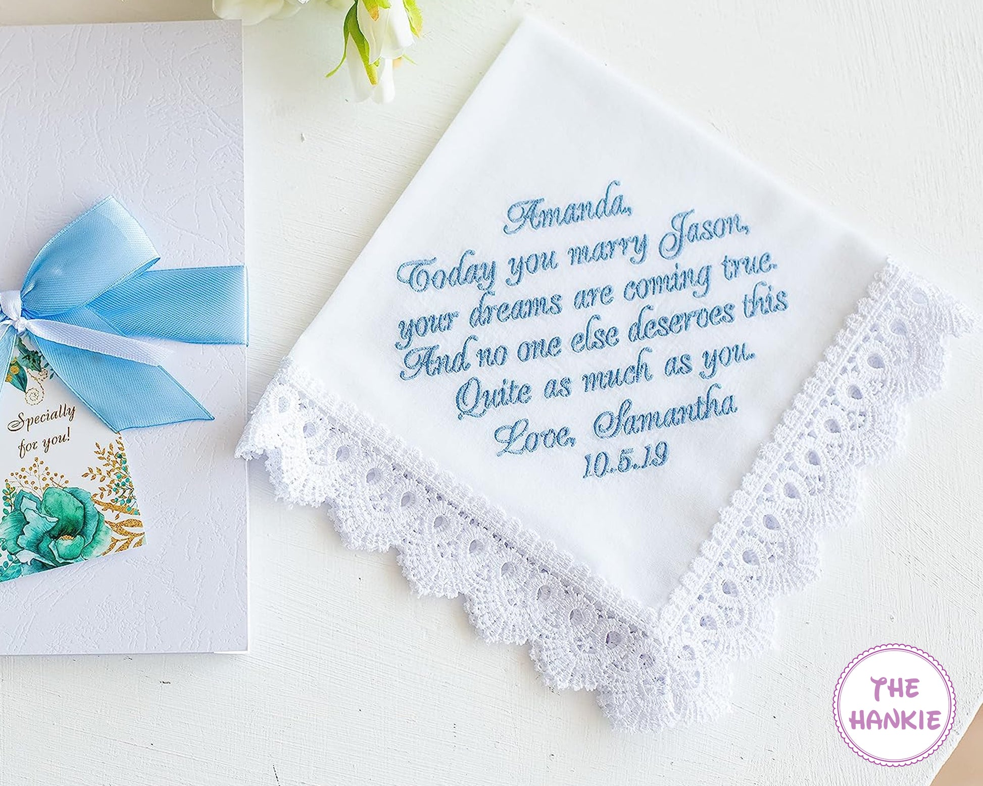 Personalized wedding handkerchief with lace trim and custom embroidered message keepsake