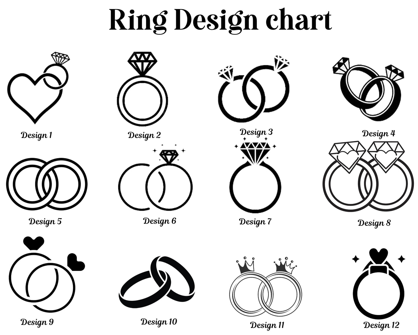 A design chart featuring 12 different black and white line art options for wedding and engagement ring embroidery.