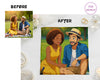 Side-by-side comparison showing a real picnic photo transformed into an anime-style print on a handkerchief.