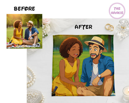 Side-by-side comparison showing a real picnic photo transformed into an anime-style print on a handkerchief.