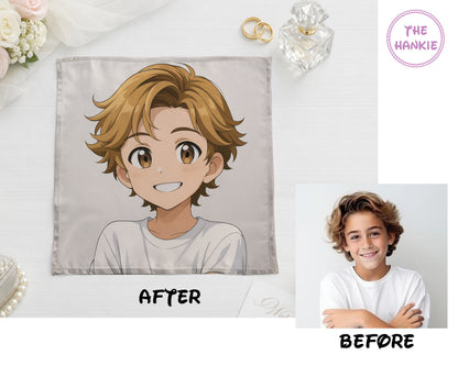 Visual proof showing the transformation from a real child's photo to a custom hand drawn anime digital print.