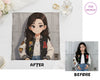 Visual proof showing the transformation from a real child's photo to a custom anime digital print.