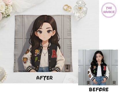 Visual proof showing the transformation from a real child's photo to a custom anime digital print.