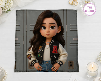 Hankie with a character design on a gray background, featuring a candle and decorative items.