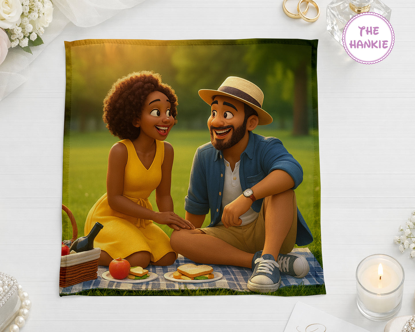 Illustration of a couple sitting on a blanket with food, surrounded by decorative items.