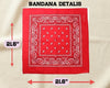 A red paisley bandana displayed with graphic arrows indicating standard dimensions of 21.6 inches by 21.6 inches.
