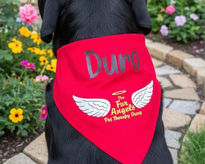 A red cotton pet bandana with a white Remax Alliance Group logo and custom contact email address in precision vinyl.
