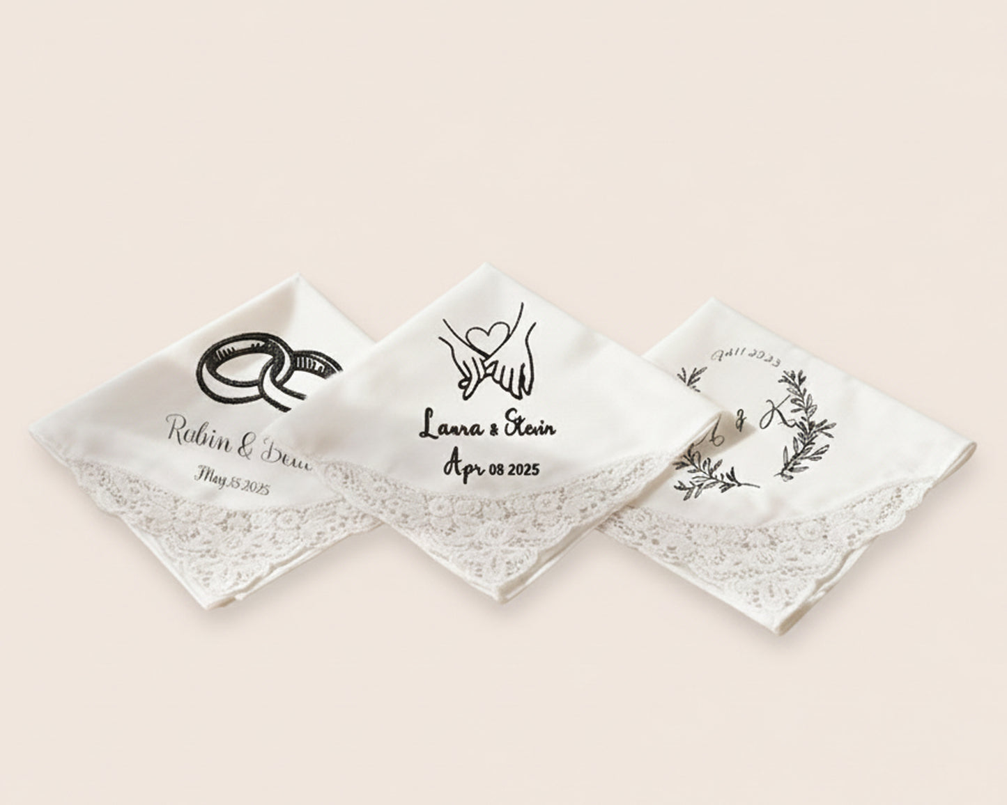 Three personalized coasters with engraved designs and text on a beige background