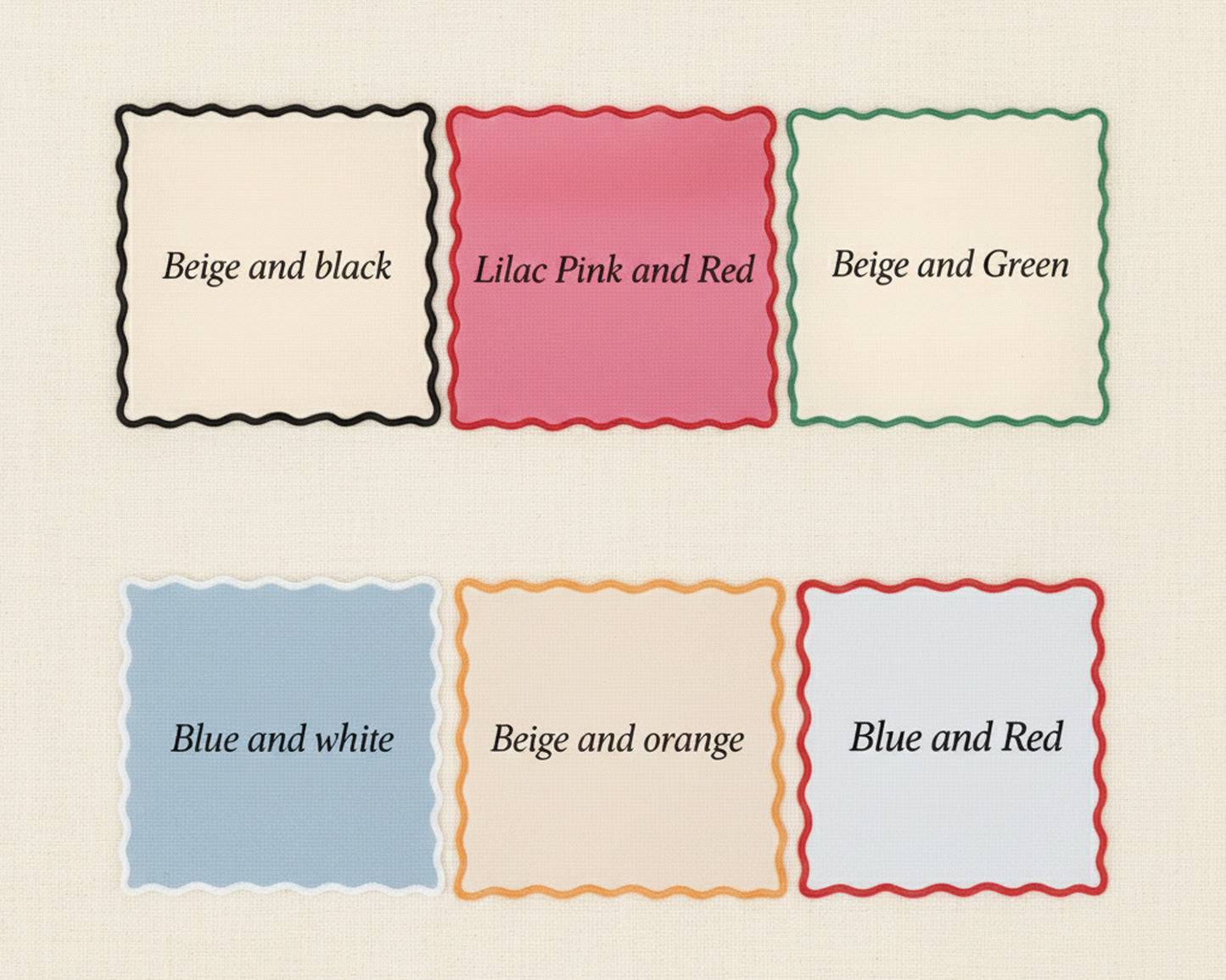 A design chart showing six different color combinations for scalloped bar napkins, including Beige and black, Lilac Pink and Red, Beige and Green, Blue and white, Beige and orange, and Blue and Red.