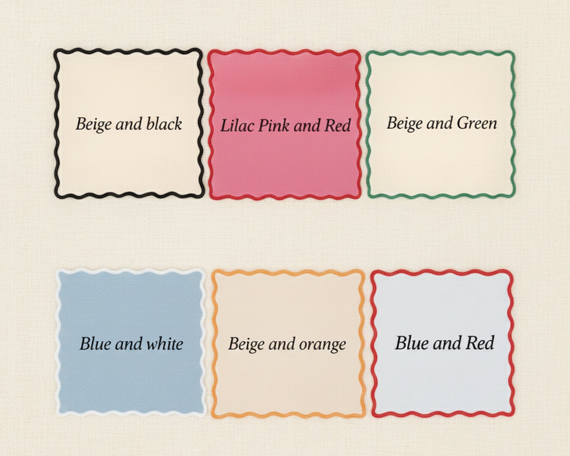 A design chart showing six different color combinations for scalloped bar napkins, including Beige and black, Lilac Pink and Red, Beige and Green, Blue and white, Beige and orange, and Blue and Red.