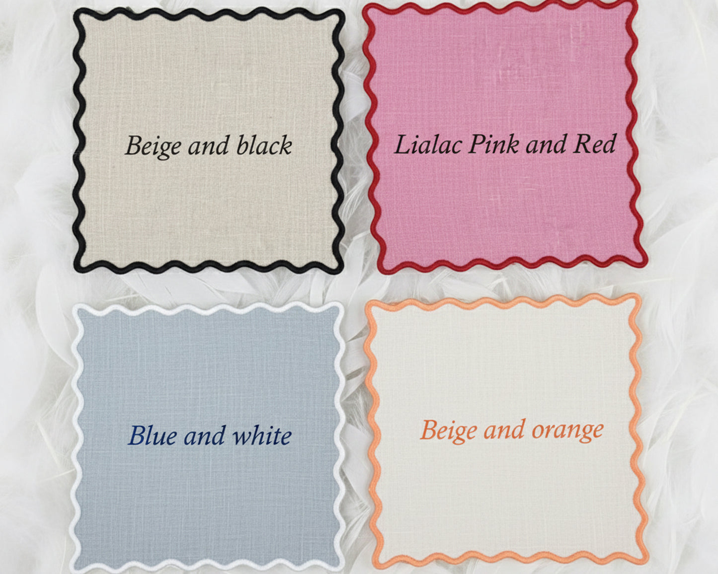 Four linen cocktail napkins with scalloped edges in beige, pink, blue, and cream showing different color combinations.