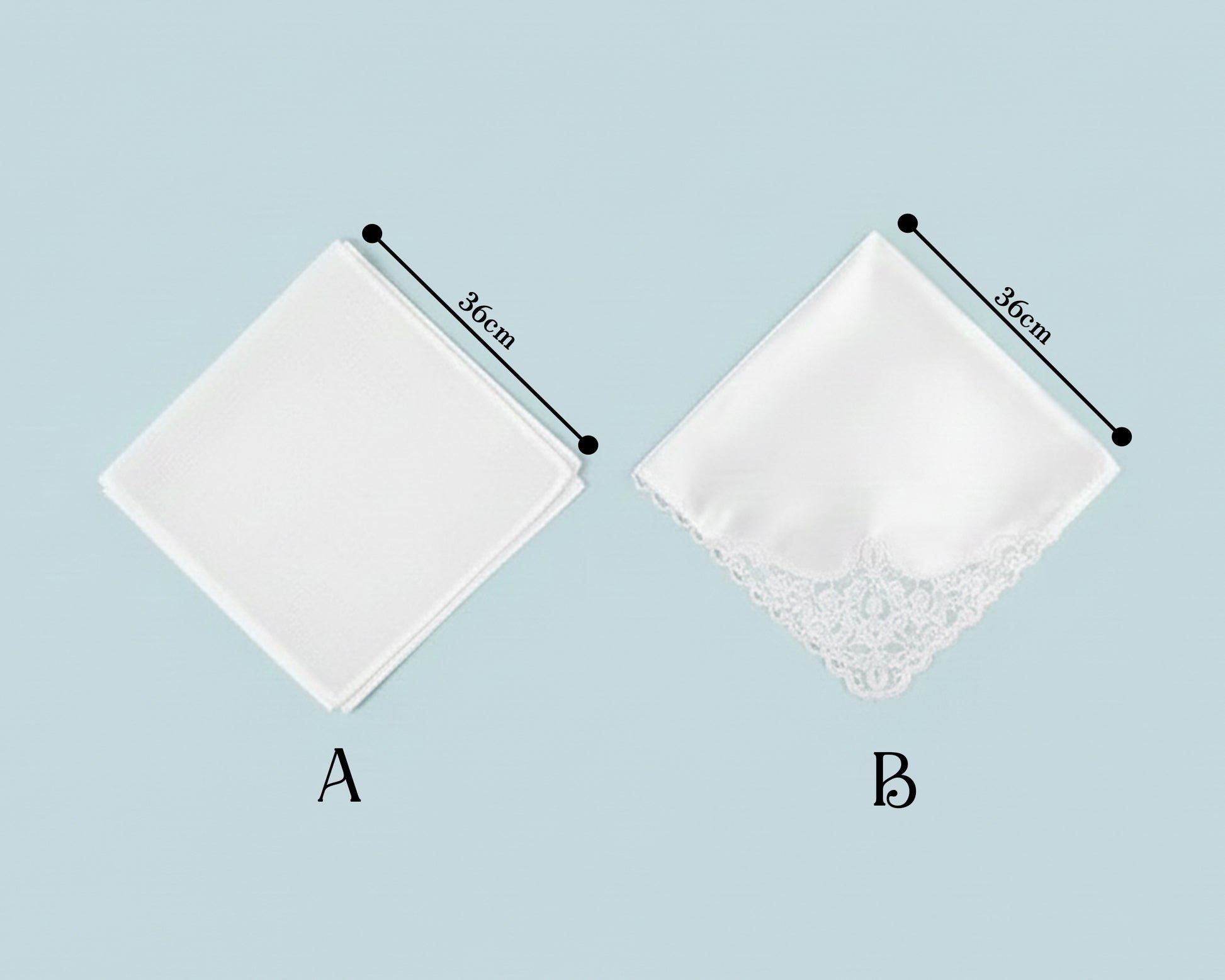 Two square handkerchiefs with measurements on a light blue background