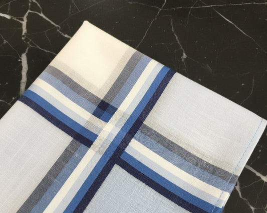 Single white cotton handkerchief for men featuring a professional slate grey and burgundy woven striped border.