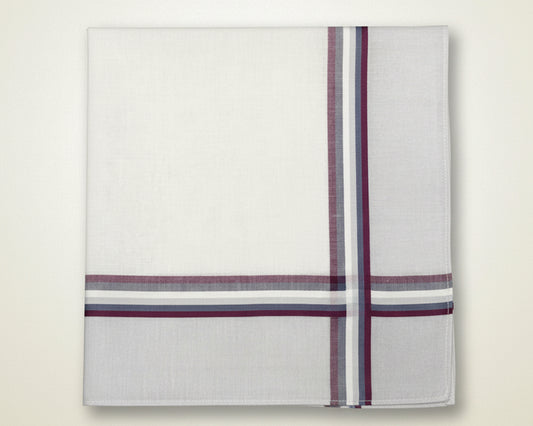 Single folded white cotton handkerchief for men featuring a professional slate grey and burgundy woven striped border.