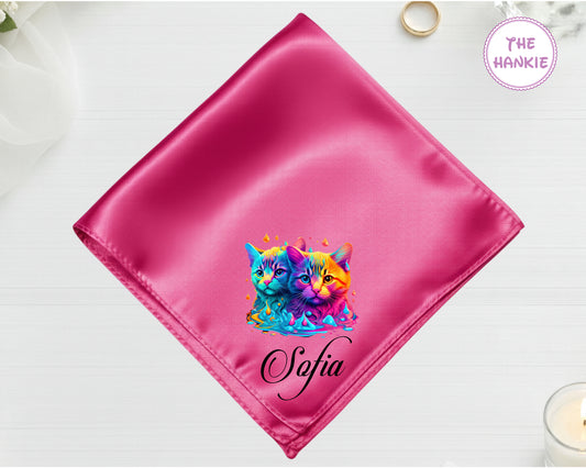A vibrant hot pink luxury satin handkerchief personalized with the name "Sofia" below a high-definition vinyl print of two colorful kittens.