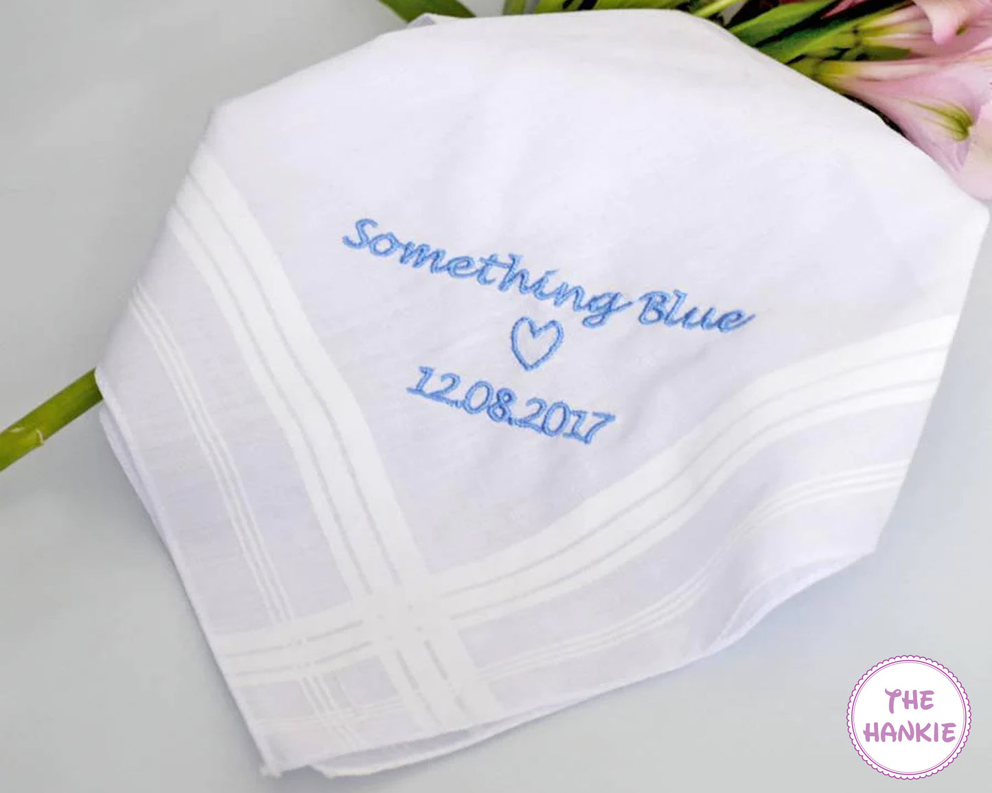 Custom embroidered “Something Blue” wedding handkerchief with name and date on white cotton fabric