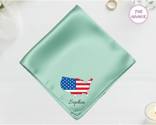 A cool mint green luxury satin handkerchief featuring the name "Sophia" and an embroidered silhouette of the United States filled with the American flag.