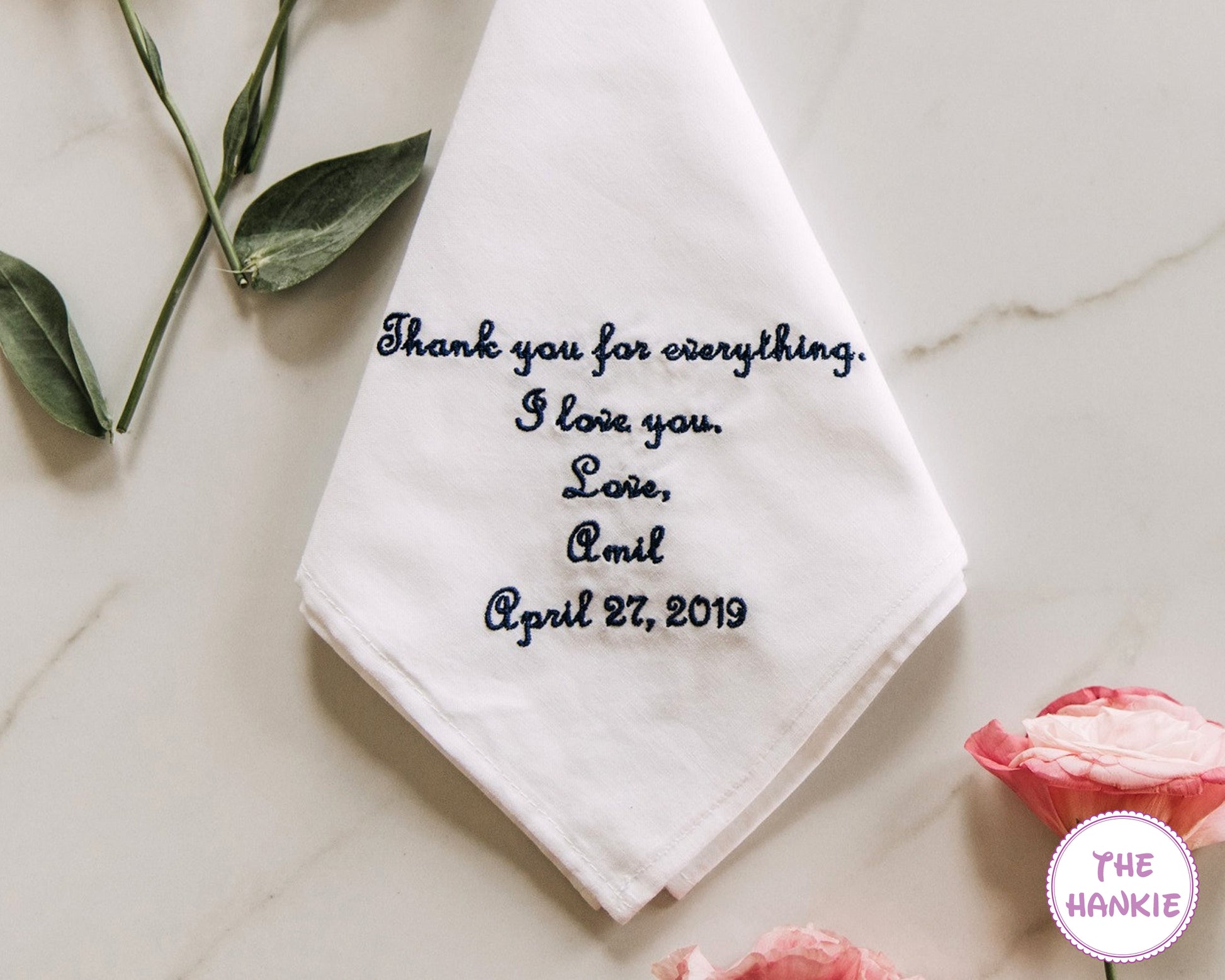 Personalized wedding handkerchief with thank you message and embroidered name and date