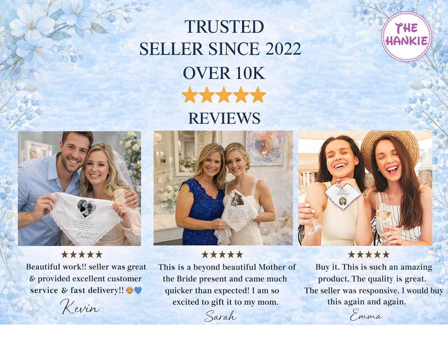 Product review section with customer testimonials and a 'Trusted Seller' badge on a light blue floral background.