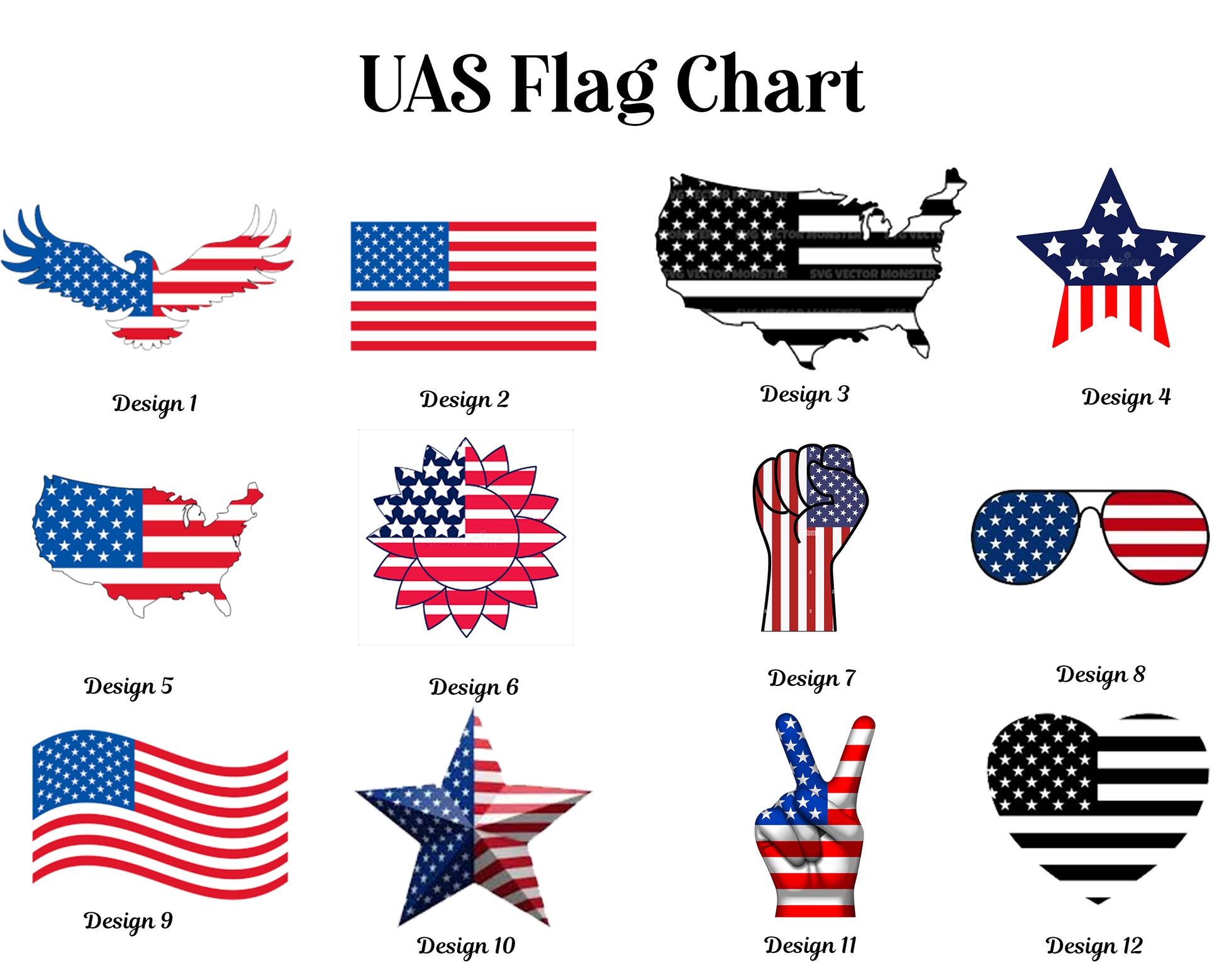 A design chart titled "UAS Flag Chart" featuring 12 different patriotic embroidery options, including American flag eagles, stars, hearts, and suns.