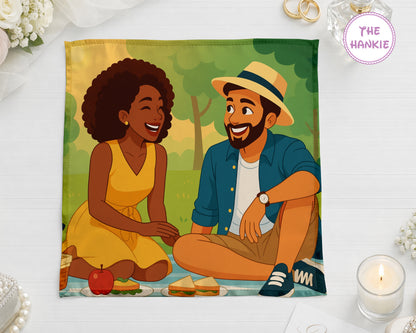 Illustrated couple sitting together with food on a blanket, featuring 'The Hankie' brand.
