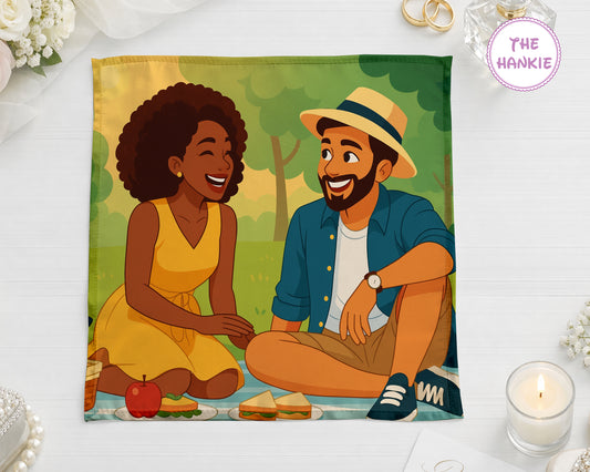 Illustrated couple sitting together with food on a blanket, featuring 'The Hankie' brand.