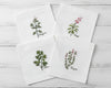 A set of four white linen cocktail napkins featuring embroidered Oregano, Sage, Cilantro, and Thyme botanical designs.