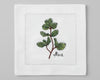 Single white linen cocktail napkin featuring a detailed purple-flowered Rosemary sprig embroidery with a hemstitch border.
