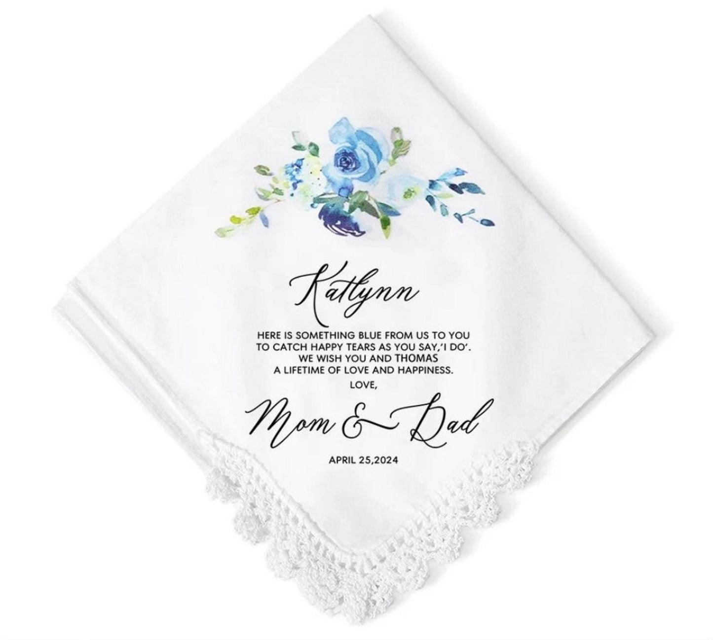 White handkerchief with floral design and personalized text on a white background