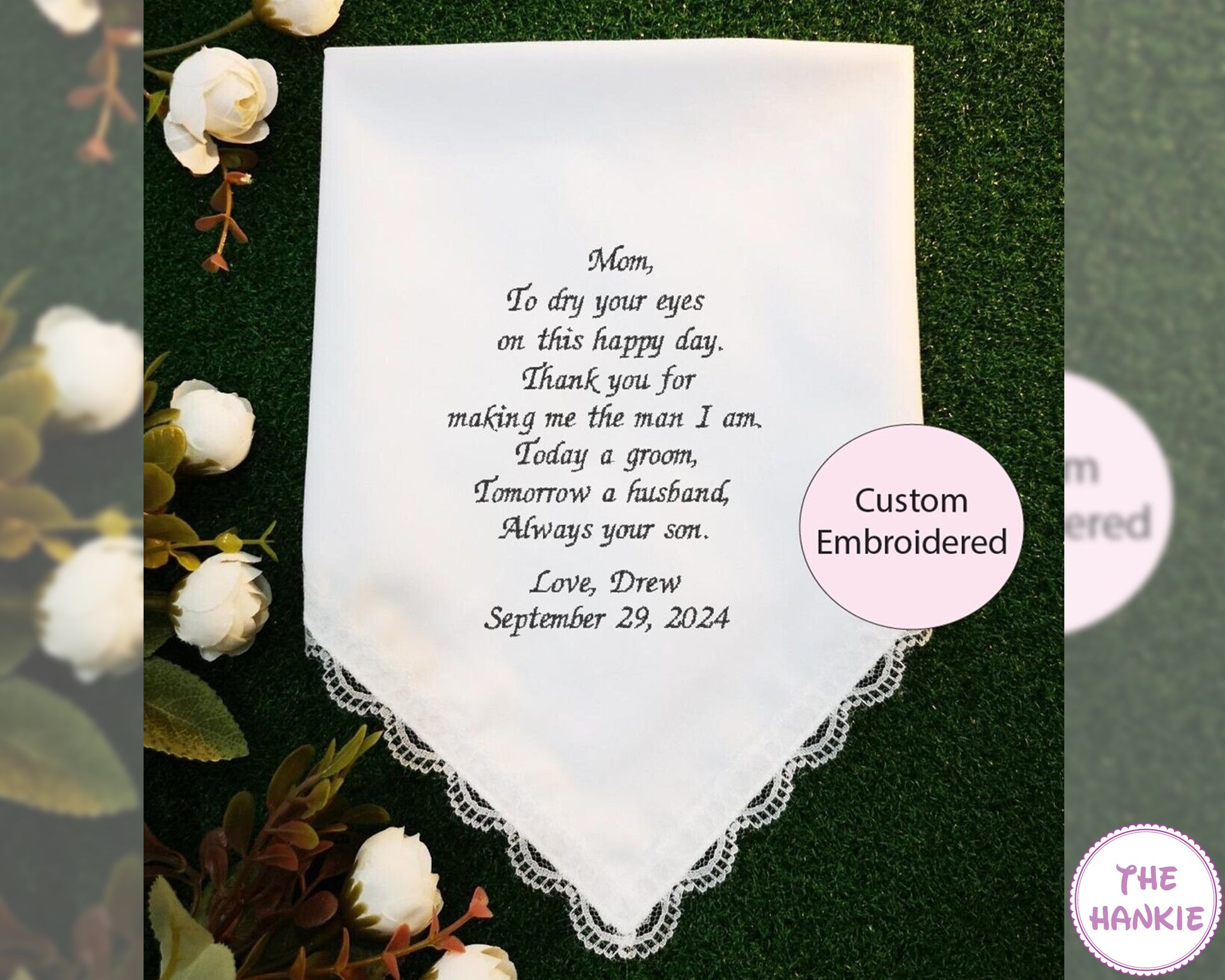 Custom embroidered hankie with personalized message