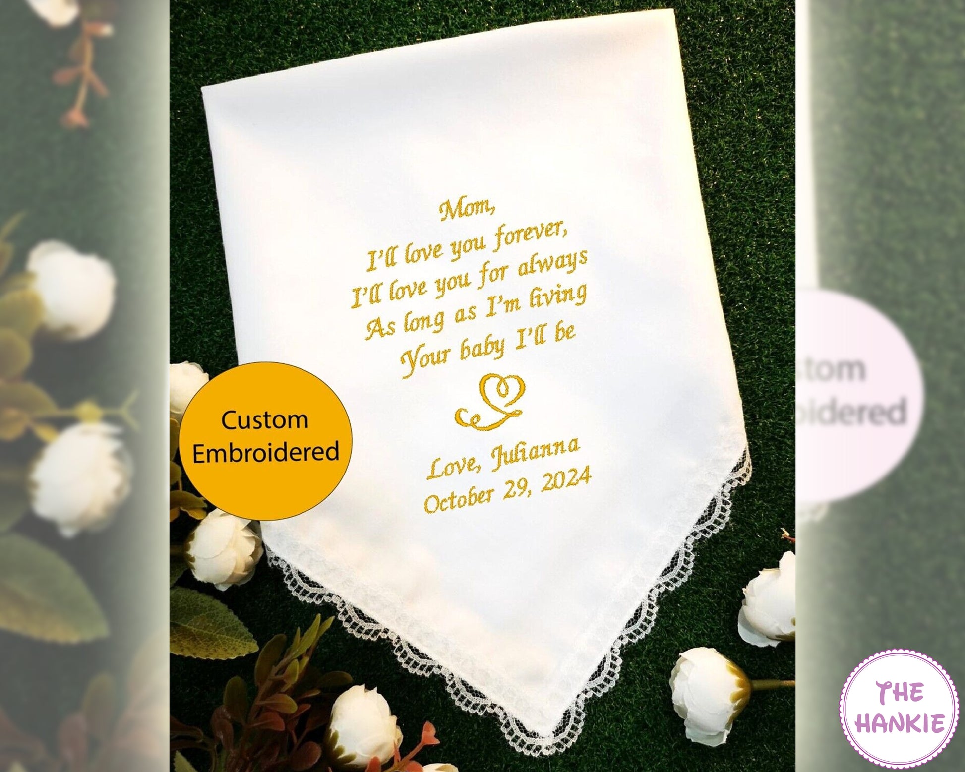 White handkerchief with yellow embroidered text 
