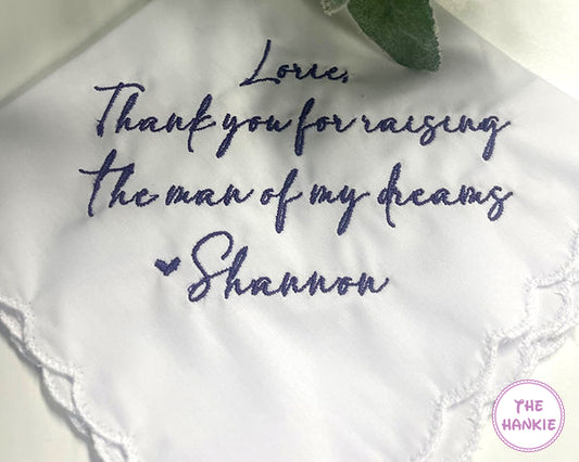 White handkerchief with embroidered message and 'The Hankie' logo.